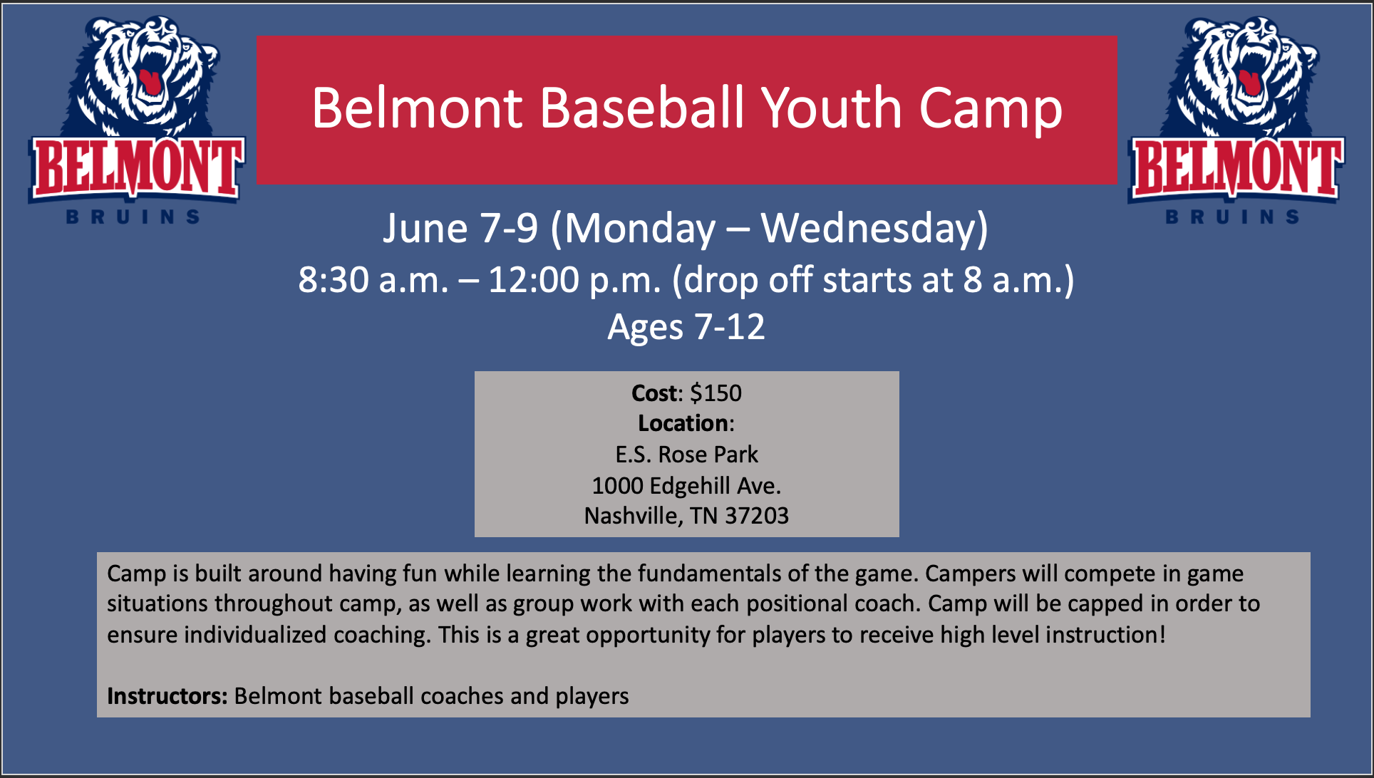 Belmont Youth Baseball Camp Percy Priest Elementary